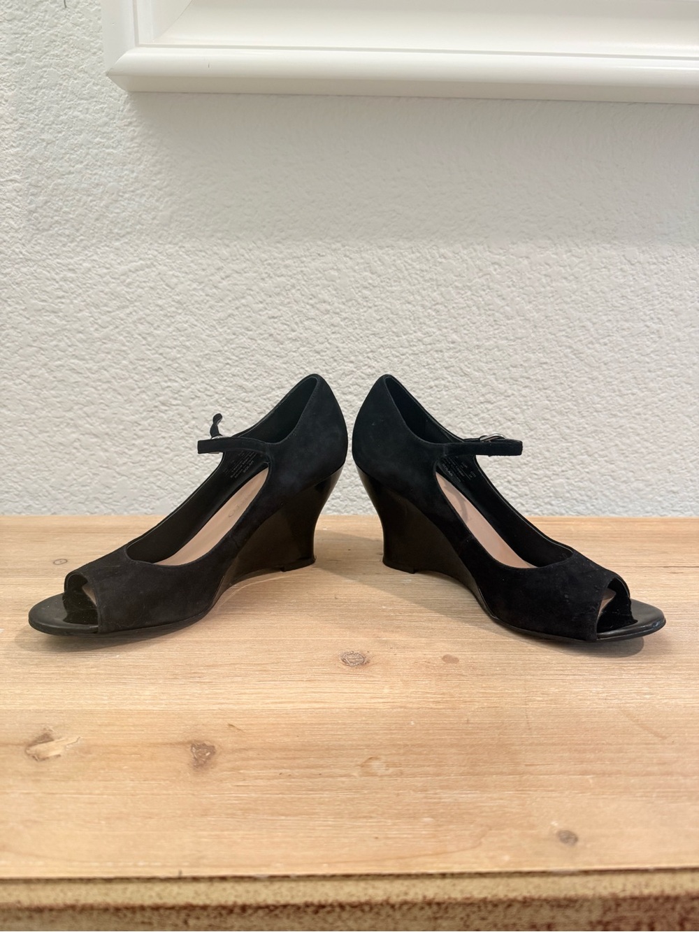 Franco Sarto Black Suede Peep-Toe Wedge Pumps with Mary Jane Strap, Size US 7M - Picture 1 of 6